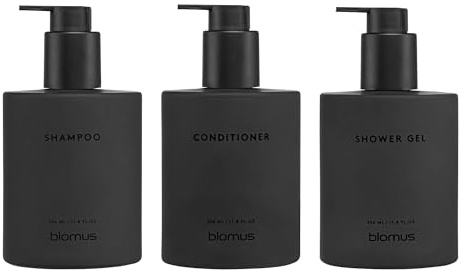 blomus Glasflaschen 3er Set -Kirei- | Shampoo Conditioner Shower Gel Spender 3 x 350 ml | zum Kleben | Badaccessoire Farbe Smoke | Ø 7 x 18 cm | Seifenspender
