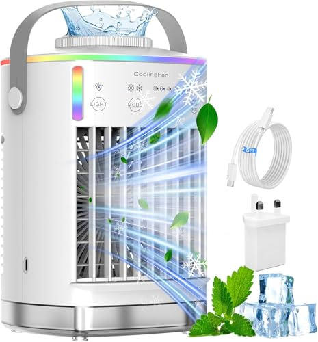 Air Cooler, Portable Air Conditioner, 4 in 1 Mini Air Conditioner, 2 Cool Mist, 4 Wind Speeds, 7 RGB Light & Timer, Personal Use Air Cooler Fan for Home, Office, Bedroom (White)