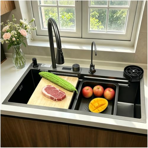 Wasserfall-Küchenspüle 80 x 45 cm,1 Becken Edelstahlspüle Schwarz Anthrazit,Küche Spüle mit Linker Wasserhahn,Linker Ablaufkomponente,Spülbecken Küche mit Ablaufkorb,Ablaufbecken,Schneidebrett,Siphon