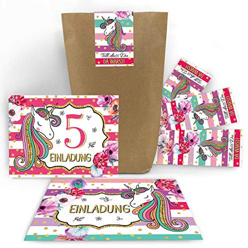 Junaversum 12 Einladungskarten zum 5. Kindergeburtstag Mädchen Einhorn Unicorn Einladungen zum fünften Geburtstag fünfte incl. 12 Umschläge, 12 Aufkleber, 12 Tüten