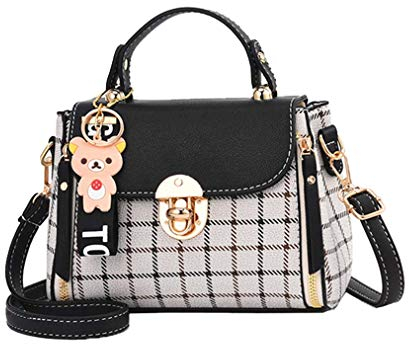 LUUT Mode Schultertasche Damen Nähte Handtasche Kariert Platz Messenger Bag Kawaii Ledertasche Lässig Shopper Citytasche (Schwarz)