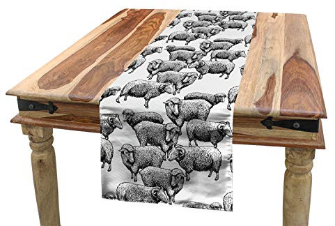 ABAKUHAUS Das Vieh Tischläufer, Vintage Skizze Schafe, Esszimmer Küche Rechteckiger Dekorativer Tischläufer, 40 x 180 cm, Weiß und Schwarz