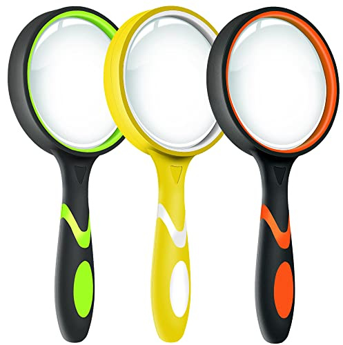 Leffis 3 Pack Magnifying Glass, 10X Non-Slip Handheld Reading Magnifier for Kids and Seniors, 75mm Magnifying Glass Lens for Reading, and Nature Exploration