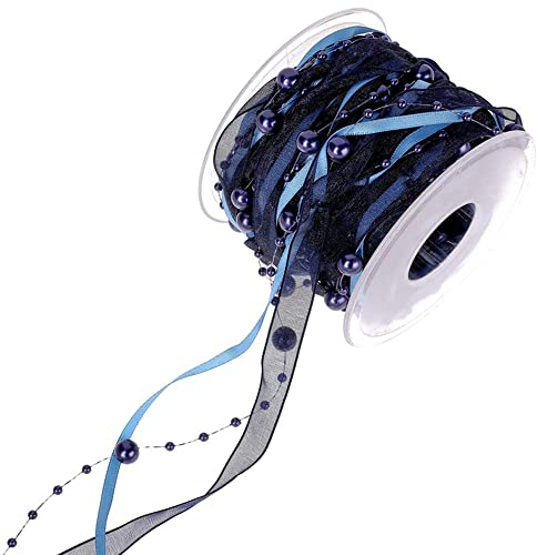 Duories 10m Perlengirlande mit Organza,8+3mm Perlenband,Geschenkband,Trendyband,Schleifenband,Dekoband Hängedeko Tischdeko Dekokette für Hochzeit Weihnachten Taufe Geburtstagsgeschenke,Navy Blau