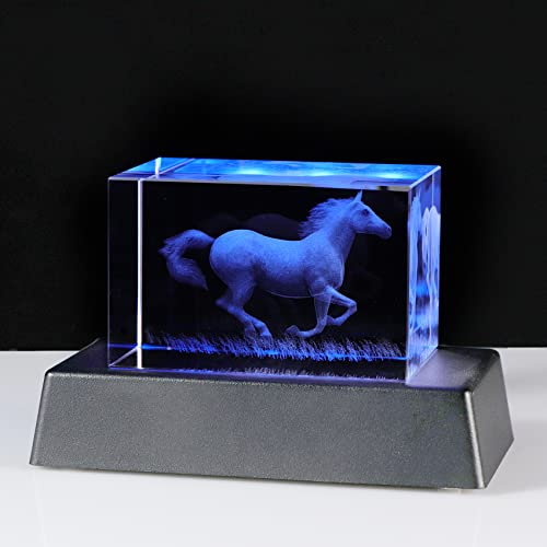 3D Crystal Horse Figurine Ornament with LED Stand - Engraved Birthday Gift for Horse Lovers