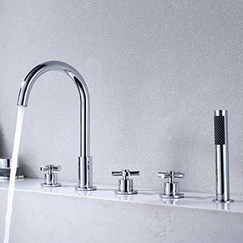 Robinet de Baignoire à 5 Trous Mitigeur Baignoire Double Poignée Multifonction Robinet de Douche Mitigeur avec Pommeau de Douche Extractible Chaud et Froid Mitigeur Douche 2 Sorties,Chrome