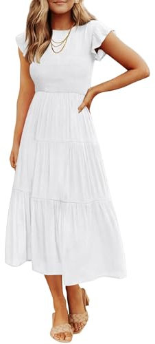 ZESICA Women's 2024 Summer Casual Flutter Short Sleeve Crew Neck Smocked Elastic Waist Tiered Midi Dress, White, M