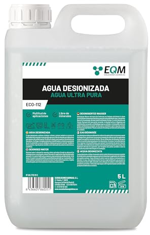 EQM - ECO-112 - Agua Desionizada Ultra Pura - 5L - Agua Desmineralizada - Evita la formación de Cal - Muy Baja conductividad - Multitud de utilidades