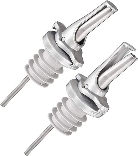 Poura Ausgießer für Spirituosen oder Olivenöl - Spülmaschinenfeste Flaschenausgießer mit Luftdichten Kappen. Edelstahl Schnapsausgießer | Ölausgießer - Silver Ausgiesser 2er-Pack