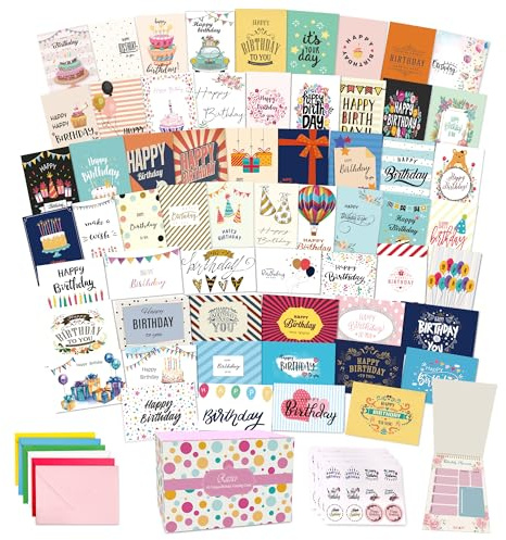 Racrico 60 einzigartige Geburtstagskarten – Happy Birthday Karten mit Umschlägen, Aufklebern und Grüßen innen, 12,7 x 17,8 cm, hochwertige dicke Geburtstagskarten, Bulk in einer stabilen Box