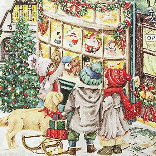 20 Servietten Kinder vor dem Weihnachtsgesch?ft | Kind | Junge | Mädchen| Hund | Winter | Weihnachten | Tischdeko | Decoupage | Serviettentechnik 33x33cm