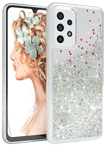 EAZY CASE Hülle kompatibel mit Samsung Galaxy A33 (5G) Schutzhülle mit Flüssig-Glitzer, Handyhülle, Schutzhülle, Back Cover mit Glitter Flüssigkeit, TPU/Silikon, Transparent/Durchsichtig, Silber