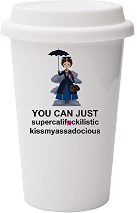 Giftme Mary Poppins Secret Santa Supercalifragilistic Rude Sweary 10oz Dual Wall Eco Insulated White Ceramic Travel Mug with White Lid.