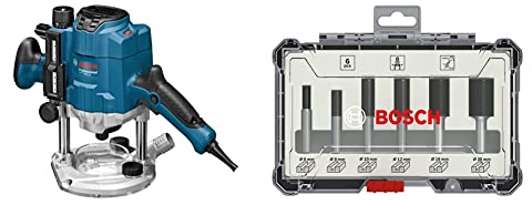 Bosch Professional Oberfräse GOF 1250 CE (inkl. Kopierhülsenadapter, Parallelanschlag, Maulschlüssel 19 mm, Spannzange, im Karton) + 6tlg. Nutfräser Set (für Holz, Zubehör mit 8 mm Schaft)