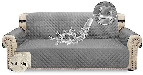 Granbest wasserdichte Sofabezug 3 Sitzer rutschfeste Couchbezug mit Elastischen Riemen, Waschbare Sofaschutz für Kinder, Haustiere, Hunde, Katzen (3-Sitzer, Hellgrau)