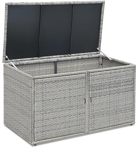 Giantex Coffre de Rangement 333 L en Résine, Boîte de Rangement en Rotin à 2 Niveaux avec Couvercle et Portes Doubles, Grande Capacité, 60 x 115 x 65 cm (Gris)