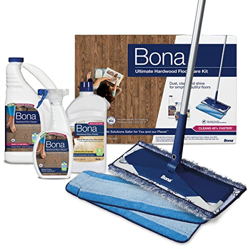 Bona Kit definitivo para el cuidado de suelos de madera dura: incluye fregona de microfibra, solución de limpieza de suelos de madera dura y recambio, pulido de suelos de madera dura, almohadillas de