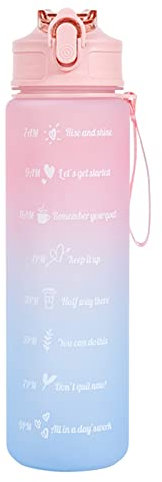 750ml Water Bottles with Times to Drink, Water Bottle with Straw, Motivational Water Bottle with Time Marker, Leakproof & BPA Free, Drinking Sports Water Bottle for Fitness, Gym & Outdoor Pink-Blue