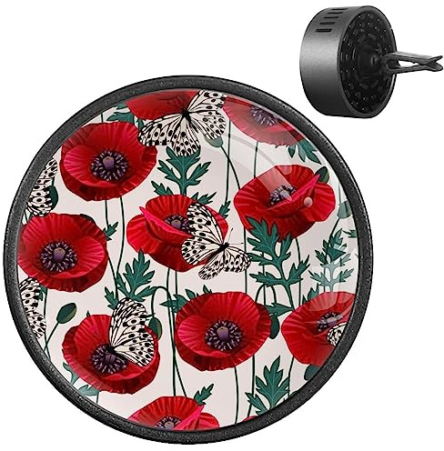2 Pack Red Poppies Flowers Car Air Vent Clips Car Air Freshener Perfume Clip Aromatherapy Diffuser Car Interior Decoration