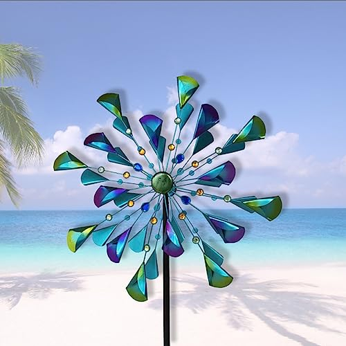 VLANIS Blaue Vintage Windmühle,magische windmühle,Windrad Metall doppelt Gartenstecker Windspiel Garten Blume Windmühle,1