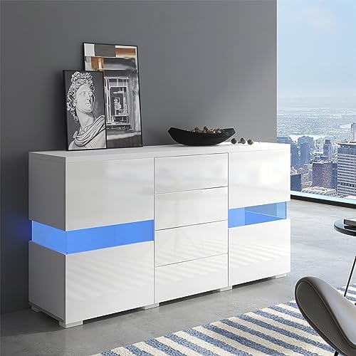 Sweiko Commode Blanc Brillant, Buffet avec 2 Portes et 3 Tiroirs Armoire de Rangement avec 16 Couleurs LED Meuble Polyvalent pour Salle à Manger Salon