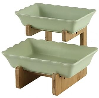 JUNYFFF Frutero De 2 Pisos Cerámica, Cesta De Frutas De Bambú Cocina Mostrador Y Organizador para Verduras Y Frutas, Soporte De Frutas con Cuencos,Verde
