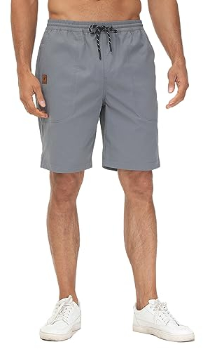 Huayuzh Mens Casual Shorts with Zip Pockets Cargo Breathable Beach Shorts with Drawstring Elastic Waist Chino Grey 36