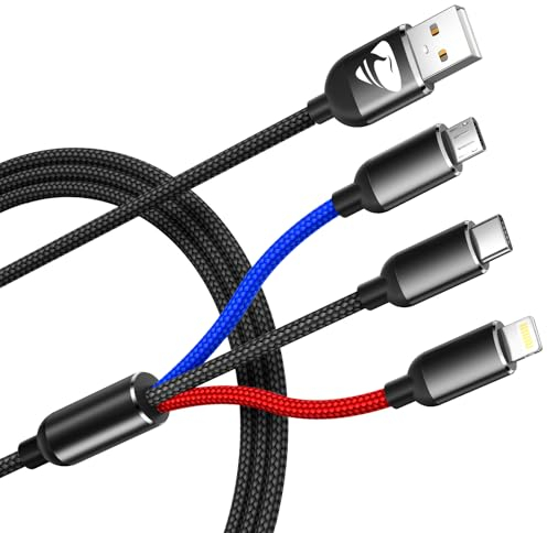 Multi USB Kabel 1.2M Handy Ladekabel Nylon 3 in 1 Mehrfach iPhone Schnellladekabel Universal Ladekabel mit Micro USB Typ C Lightning Kabel für iPhone, Samsung Galaxy, Redmi, Kindle, Android, Nokia