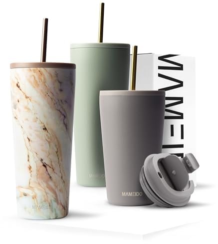 MAMEIDO Termo Cafe con Pajita y Tapa 700ml - Vaso Termico Antigoteo, Taza Termica acero inox sin BPA, Vaso Termo Cafe para llevar (Pearl Marble, 0,7l)