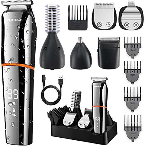PRITECH Tagliacapelli elettrico da uomo, rasoio di precisione senza fili, impermeabile IPX6, indicatore di potenza a LED, 6 in 1, kit trimmer