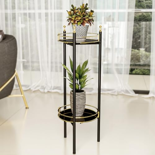 [en.casa] Blumenständer Oulainen Pflanzenständer mit 2 Ablagen Blumentöpfe Regal Pflanzenregal Blumensäule Metall 79x28x28cm Schwarz/Gold