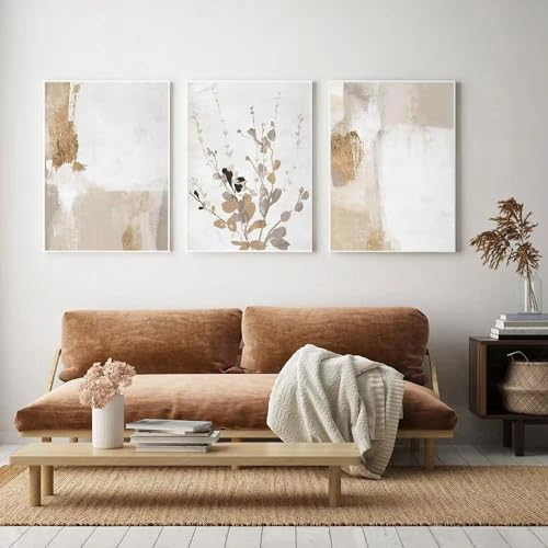 3er Poster Set Beige Gold Blätter Blumen Leinwandbilder Moderne Pflanzenblätter Wandkunst Poster Stilvolle Aesthetic Bilder Set Beige Wohnzimmer Bilder Rahmenlos (C,30x40 cm)