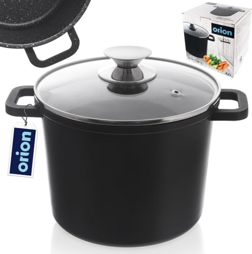 ORION Granit Kochtopf mit Deckel 21 cm - 4,2 L Antihaftbeschichtung - Aluminium Schwarz - PFLUON Granit kratzfest & hitzebeständig - Für Gas, Elektro, Keramik, Halogen, Induktion - Energiesparend