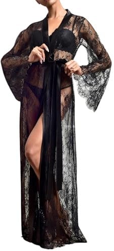 ROSVAJFY Women's Long See-Through Lace Lingerie Robe with Satin Belt, Long Sleeve Sheer Kimono Babydoll Dress Transparent Dressing Gown Bathrobe Nightgown Cardigan Bikini Cover Up(Black)