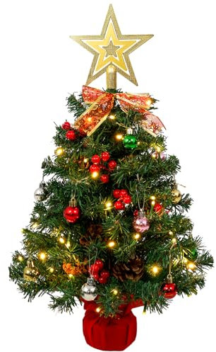 AGM 60 cm Tisch Weihnachtsbaum Klein mit 50 LEDs Lichterketten Deko Fünfzackiger Stern Oben, Weihnachtsbaum Teppich Rot, Krawatte, 20 Weihnachtsdekoration Kugeln, 42 Rote Beeren 6 Tannenzapfen