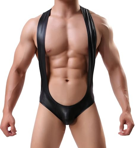 Drelaar Men's Activewear Faux Leather Leotard Bodysuit Suspender Wrestling Singlet Jockstraps One-Piece Jumpsuit