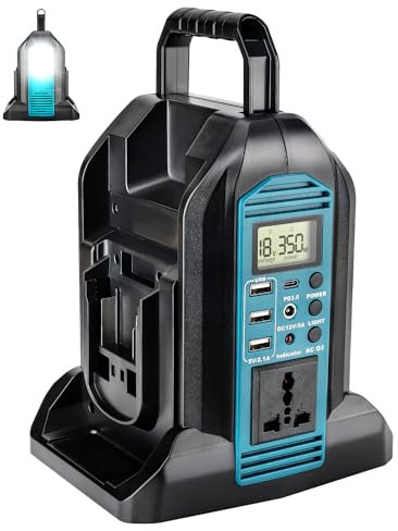 Inverter Sine Wave da 350 W per batteria Makita da 18 V, 2 porte da 18 V a 230 V, con 3 porte USB-A, 1 porta USB-C, luce LED da 300 lm, per campeggio, viaggi, caccia, emergenze (solo dispositivo)