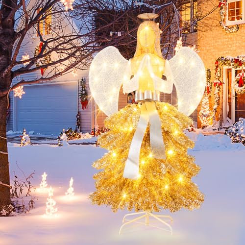 GOPLUS 1,57 M Ange Sapin Noël Lumineuse, Decoration Noel Exterieur Interieur Lumineuse Arbre Pré-éclairé Mains Jointes en Prière, 150 Lumières LED Blanches pour Porche, Jardin, Pelouse