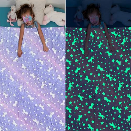 CHMMY Einhorn Decke Kuscheldecke Kinder Leuchtend im Dunkeln Einhorn Geschenke für Mädchen Flanell Warme Decke mit Sternen und Ponymustern für Kinder Jungen Mädchen Kostenlose Augenmaske (Lila)