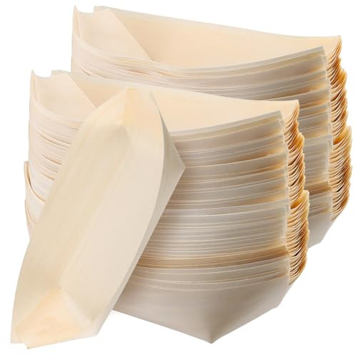 MAKTSAM 200PCS 8.6 Inch Wooden Boats Serving Trays, Wood Boats Dishes, Wooden Boat Shape Food Containers for Appetizers, Snacks, Desserts