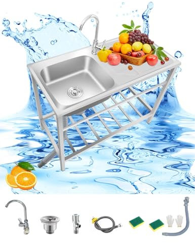 Evier De Cuisine Autoportant en Acier INOX 1 Bac, Evier Jardin Professionnel avec Egouttoir Et Robinet, Commercial Autoportant ÉVier 75cmX40cm, 83cmX50cm, Intérieur Extérieur