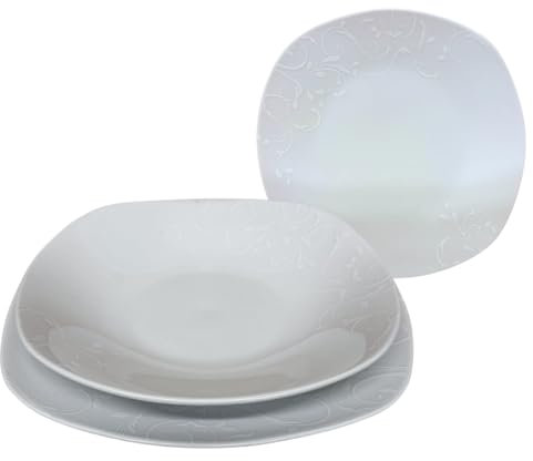 Omniacasa Risalto - Set di Piatti Moderni in Porcellana per 12 Persone (36 Pezzi) - Servizio da Tavola Bianco con Design Elegante a Rilievo Quadrato, Resistente a Lavastoviglie e Microonde.