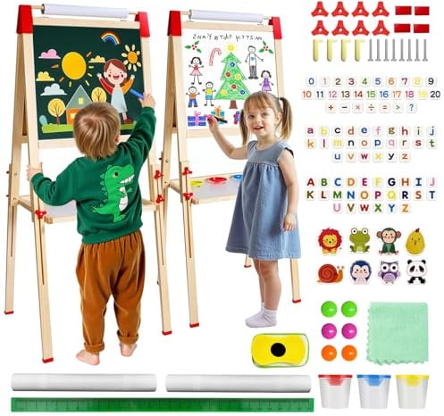 Set Lavagna Bambini Doppia Faccia: Lavagna Bianca Bambini con Magnetica Nero - Staffa Bambini in Legno Regolabile in Altezza - Adatto per Bambine e Bambini dai 3 ai 12 Anni (White and Green)