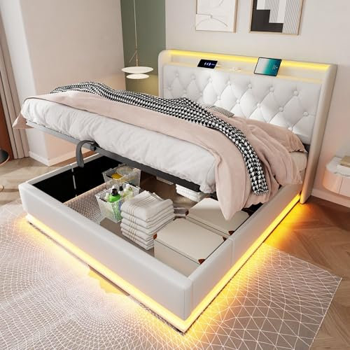 King Ottoman Bed with 360 Surround Led Lighting and Charging Station, Upholstered Bed Frame with Hydraulic Storage, 5ft King Size Bed Frame with Wooden Slats, Linen, No Mattress (White, 150 x200 cm)
