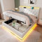 King Ottoman Bed with 360 Surround Led Lighting and Charging Station, Upholstered Bed Frame with Hydraulic Storage, 5ft King Size Bed Frame with Wooden Slats, Linen, No Mattress (White, 150 x200 cm)