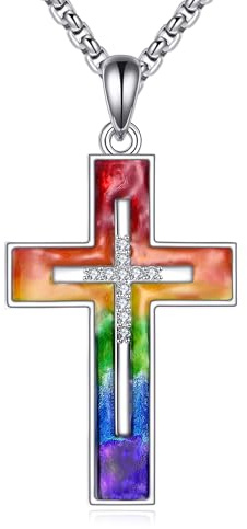 JERWLI Regenbogen Kreuz Halskette 925 Sterling Silber Stolz Kreuz Halskette Lesben-Schwule Anhänger Halsketten LGBT Schmuck Stolzmonat Geschenke für Frauen Männer Unisex