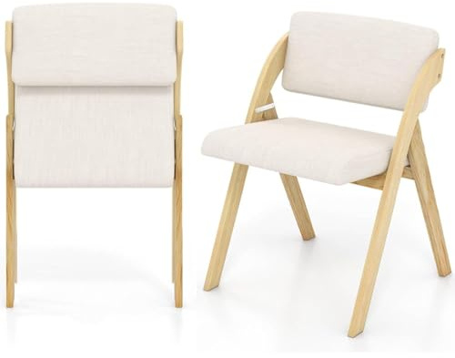 TANGZON Folding Chairs Set of 2, Foldable Dinning Chairs with Solid Wood Legs, Fabric Padded Seat & Backrest, Easy Storage Event Hall Guest Seats for Home Office Dining Living Room (Beige + Natural)
