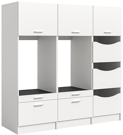 xonox.home – 4-teiliges Waschmaschinenumbau Set Free 248x195x68 cm in weiß Nachbildung – Zwei Waschmaschinenschränke, Wäscheschrank & Universalschrank – Extra Stauraum für strukturierte Waschküchen