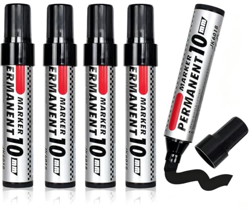 Alyxen Pack of 5 Permanent Markers Black, Thick Chisel Tip 2-10 mm Permanent Marker Pens, Waterproof & Quick-drying Pens, Acrylic Paint Markers for Cardboard Plastic Wood Metal Glass Stone Canvas