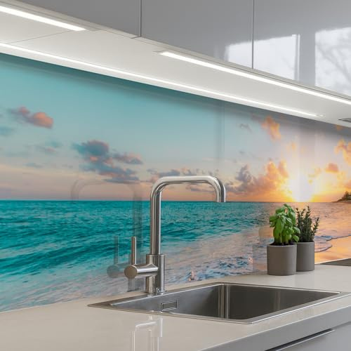 KitchenYeah© Küchenrückwand Selbstklebende Kitchen Wall Protector Küchen | 60x200 cm - Rückenwand Küchenfronten Küchenrückwände Küche Wand Sonnenuntergang - Strand - Meer - Sommer - Blau